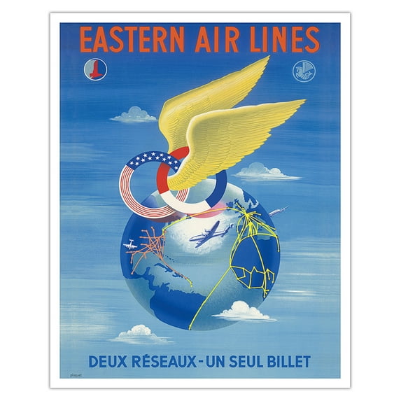 Air France - Eastern Air Lines - Deux Reseaux (Two Networks - One Single Ticket) - Vintage Airline Travel Poster by Plaquet c.1950 - Fine Art Matte Paper Print (Unframed) 16x20in