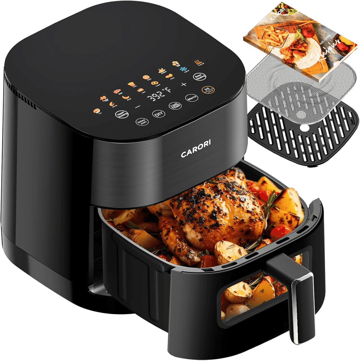 CARORI Air Fryer 14-in-1 with Viewing Window 6Qt Large Capacity, 392℉ Max Crisp, Airfryer No Flipping Dual Heating, Bake, Roast, Dehydrate, Reheat, 1700W Fast Even Easy Meals, Nonstick Dishwasher Saf