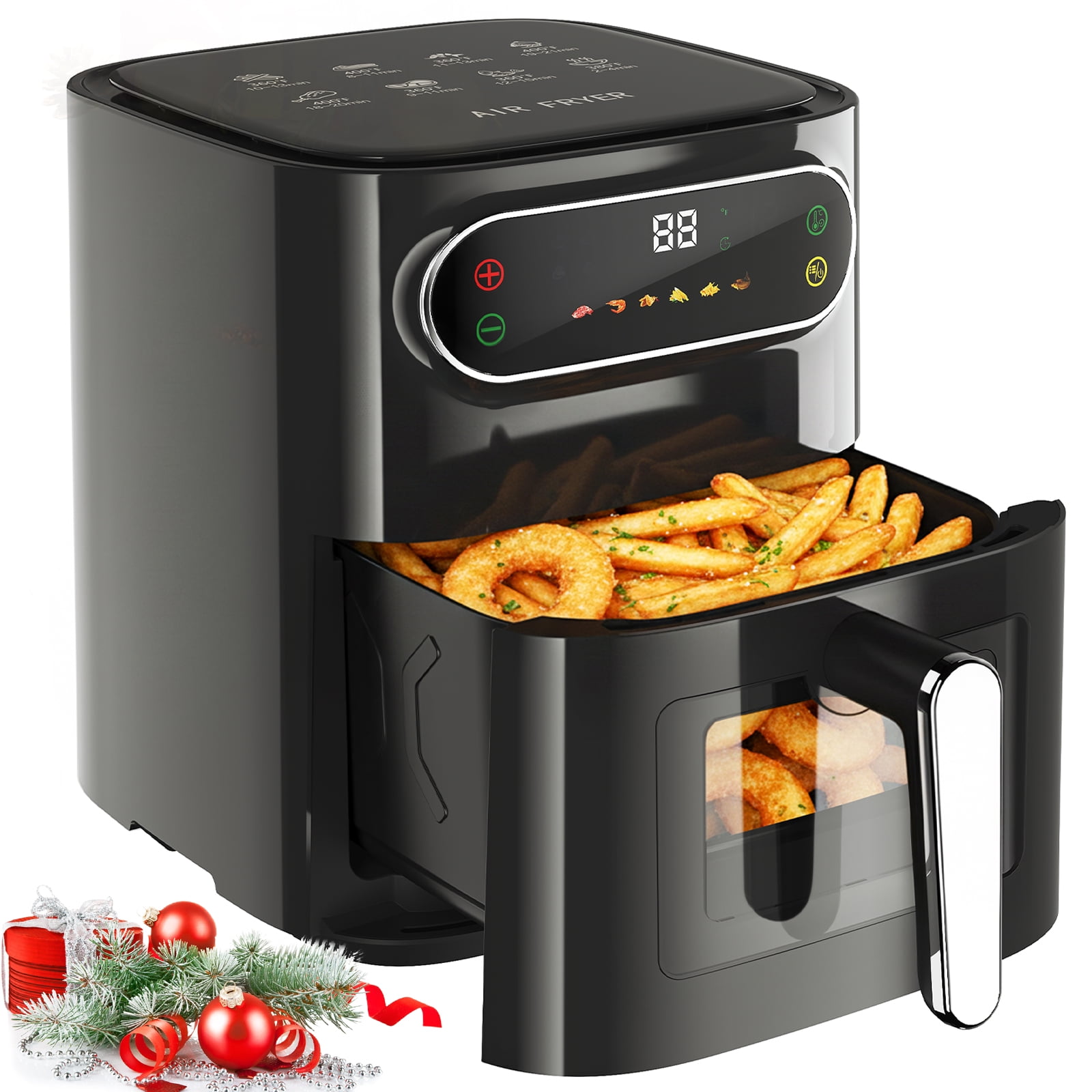Air Fryer with Clear Windows, Crisps, Broils, Roasts, Dehydrates, Bakes, Reheats, Toaster Baker, 6QT for 3-5 People, LED Smart Display, 85% Oil-Less, Stainless Steel Easy Cleaning