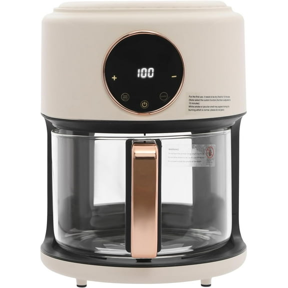 Air Fryer, 3.8Qt 1200W Glass Air Fryer, 8-in-1 Smart Compact Airfryer with Digital Display, 360° Viewable, 176℉-392℉ Adjustable Temperature, 60 Min Timer, Glass Pot Dishwasher Safe, White
