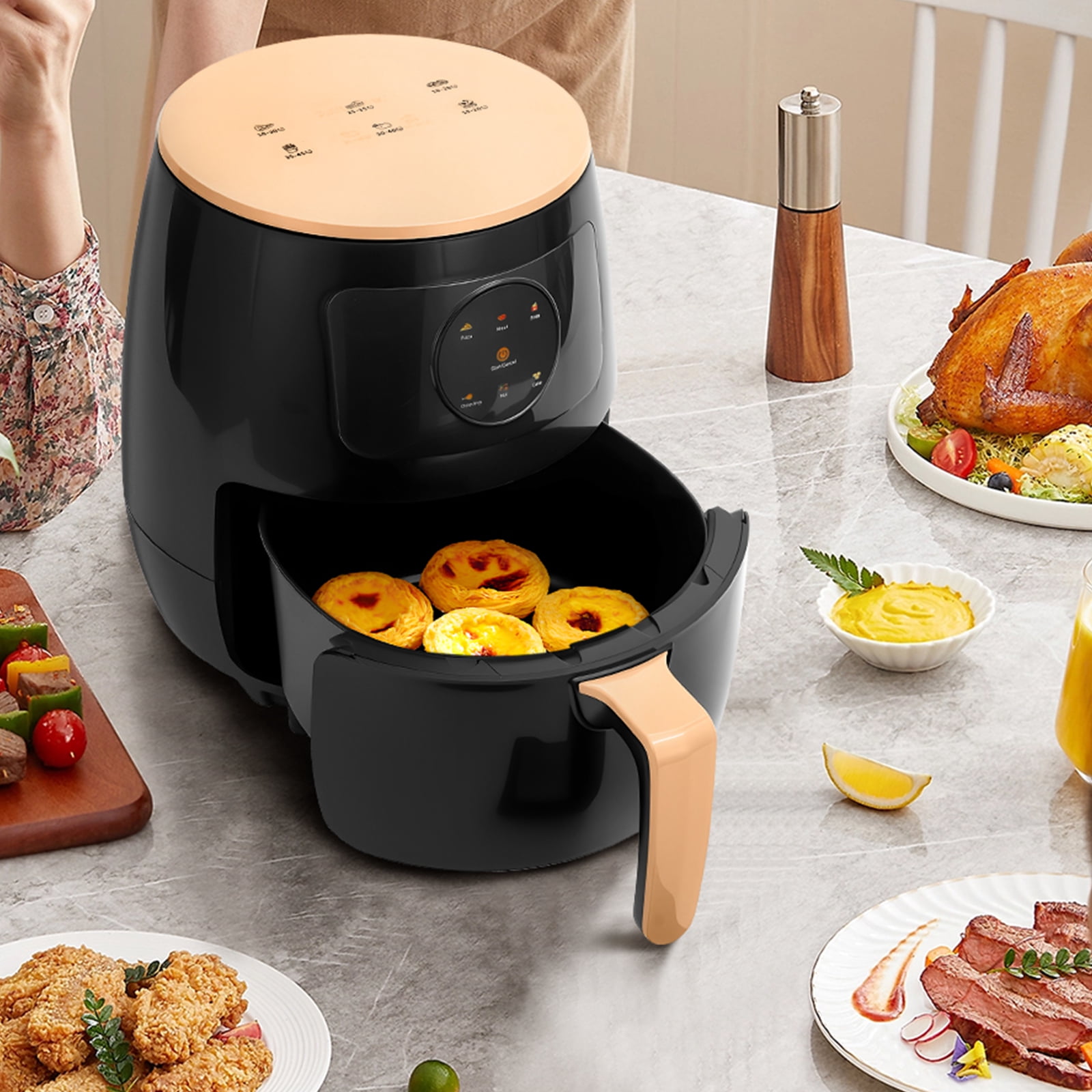 Air Fryer 5L , adjustable temperature up to 200°C, 0-60-minute timer, 7 preset menus, oil-free cooking, and 1350W power, ideal for families of 3-5 people.