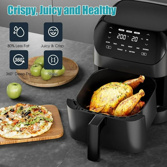 Air Fryer 6.2 QT Large Capacity Oilless Hot Air Fryers Oven 1500W Healthy Cooker with 8 Presets, Digital LCD Touch Screen, Visual Cooking Window, Non-Stick Basket, Included Recipe (Black-M)