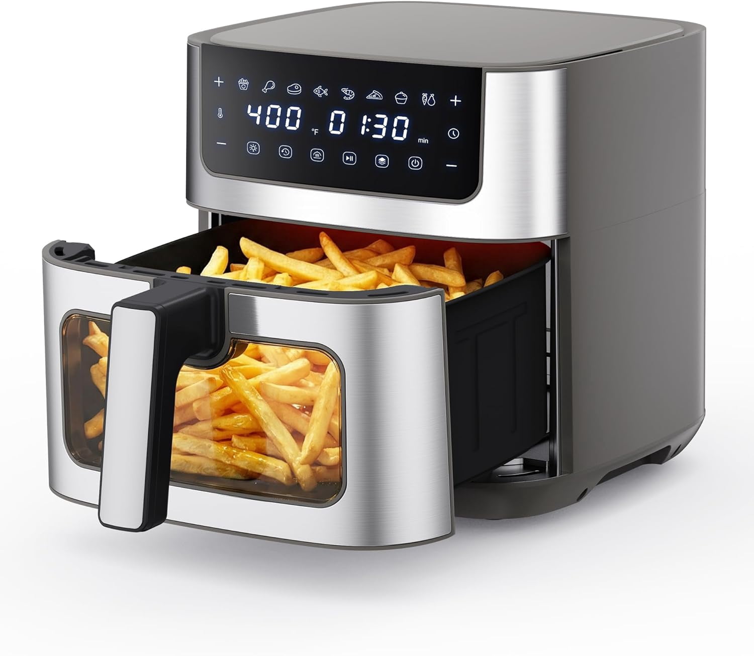 Air Fryer 6.34QT, Airfryer with Visible Window, 400 ℉ Fast Heating Air Fryers Oven with Nonstick and Dishwasher-Safe Basket, 8-in-1 Cooking Preset, Timer，Auto-Off, Stainless Steel, White
