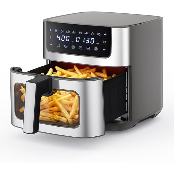 Air Fryer 6.34QT, Airfryer with Visible Window, 400 ℉ Fast Heating Air Fryers Oven with Nonstick and Dishwasher-Safe Basket, 8-in-1 Cooking Preset, Timer,Auto-Off, Stainless Steel, White