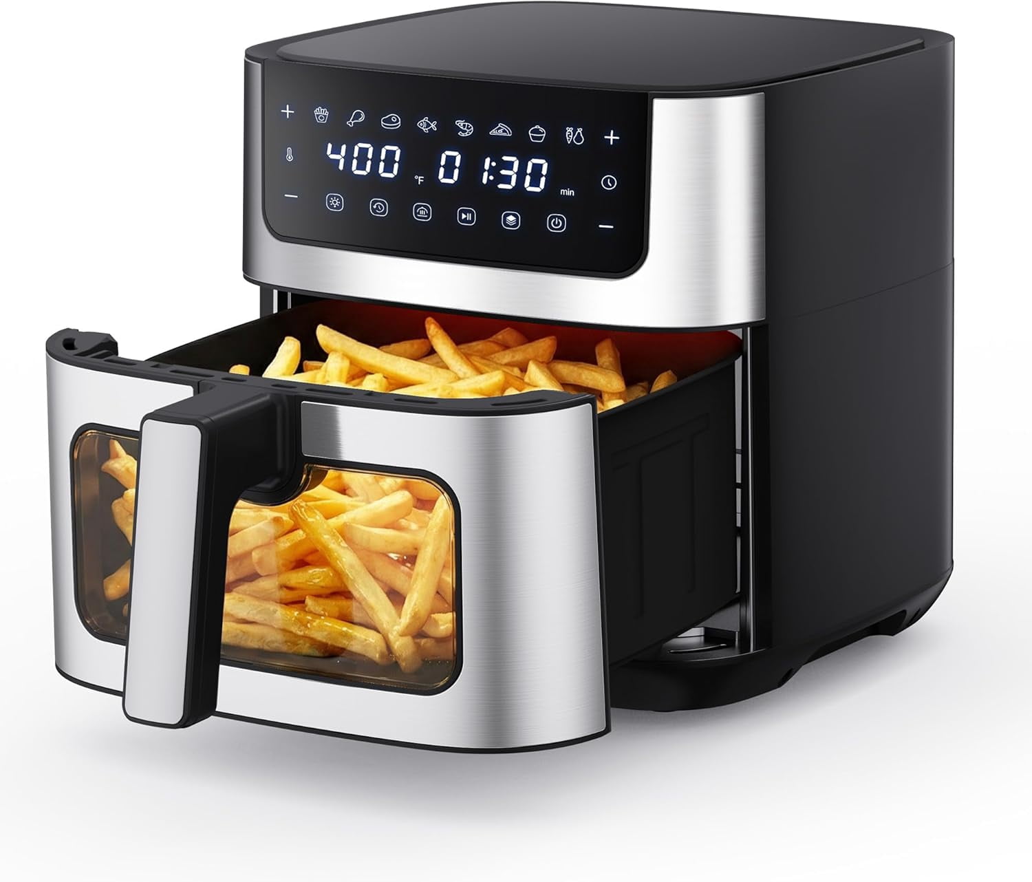 Air Fryer 6.34QT, Airfryer with Visible Window, 400 ℉ Fast Heating Air Fryers Oven with Nonstick and Dishwasher-Safe Basket, 8-in-1 Cooking Preset, Timer，Auto-Off, Stainless Steel, White