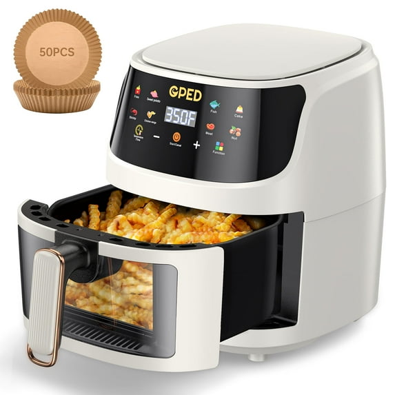 GPED Air Fryer, 7.5 QT 8-in-1 Oilless Air Fryer Oven with Visible Cooking Window, Nonstick and Dishwasher-Safe Basket, Customized Temp/Time, Including Air Fryer Paper Liners 50PCS, Ivory