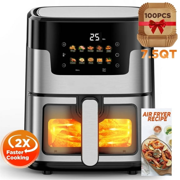 Air Fryer 7.5 QT Large Capacity, 10 in 1 Multifunctional Air Fryer Oven, 10 Preset Cookings, 95% Less Oil, Digital LED Touch Screen, 100Pcs Liner