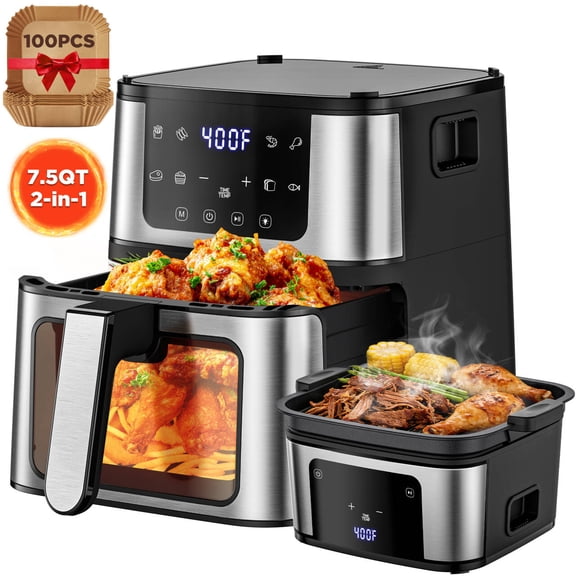 Air Fryer 7.5QT, 10 Preset Programs Air Fryer Oven, 10-in-1 Digital LED Touch Screen, 95% Less Oil, Dishwasher-Safe, 1400W Fast Heating, Visible Window, Air Fryer with 100Pcs Liner