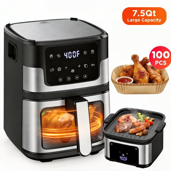 Air Fryer 7.5QT Oven with 8-in-1 Multi Function, Visible Window and Touchscreen, Versatile Air Fryer for Roasting, Baking, Reheating Healthy Meals, Black, 100 Liners Gift
