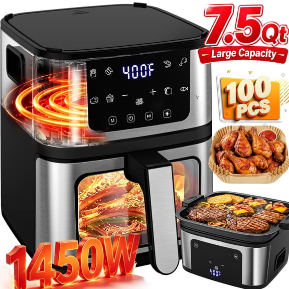 7.5QT Air Fryer Oven with 8-in-1 Multifunction Air Fryer+Grill Modes Visible Window and Touchscreen, Versatile Air Fryer for Roasting, Baking, Reheating Healthy Meals, Black, 100 Liners Gift