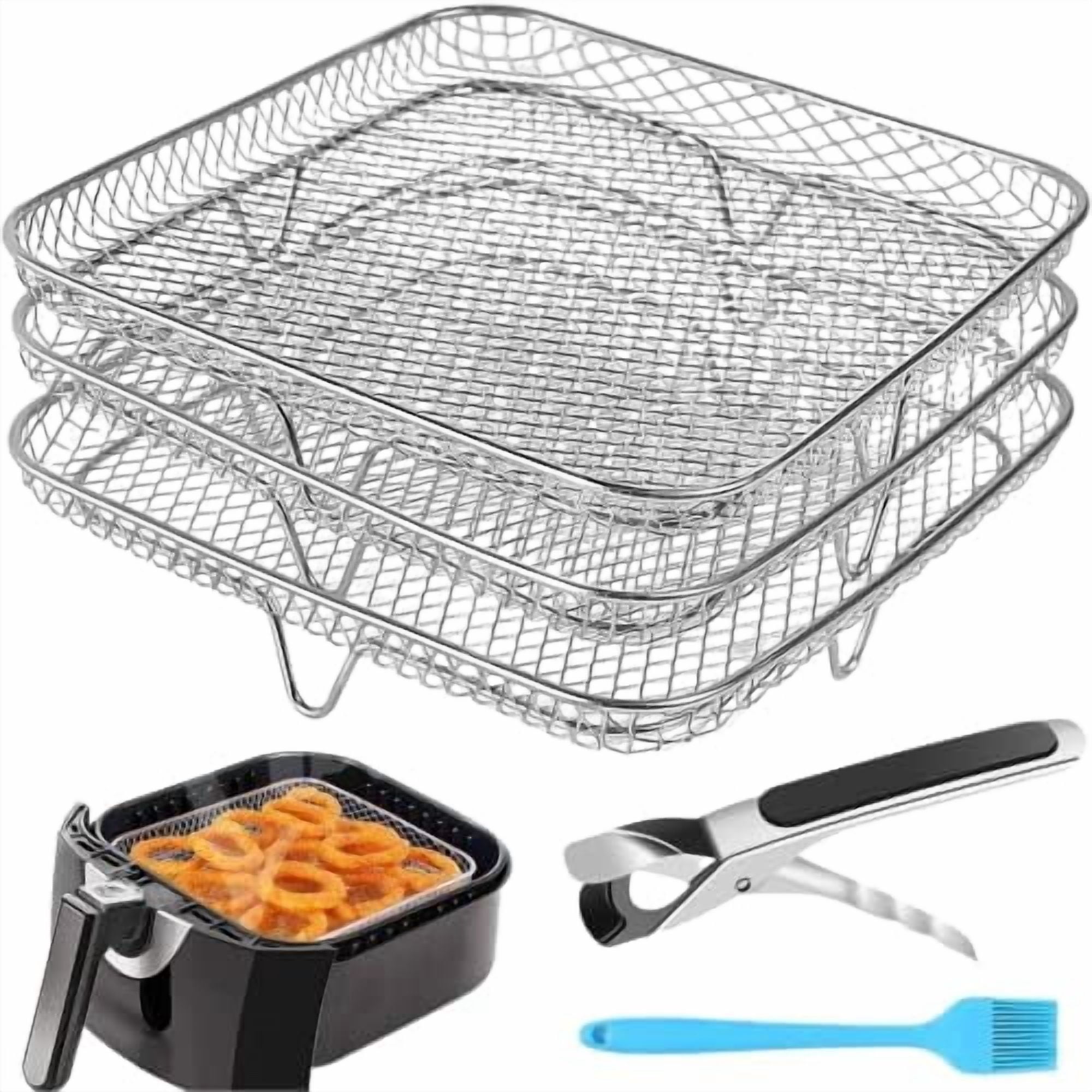Air Fryer Accessories - 8" Square 3 Stackable Dehydrator Racks, 304 Stainless Steel, Fits 5.8 QT Air Fryer, Oven, Compatible with Cosori, Instant Vortex, Nuwave, Ninja Foodi Grill