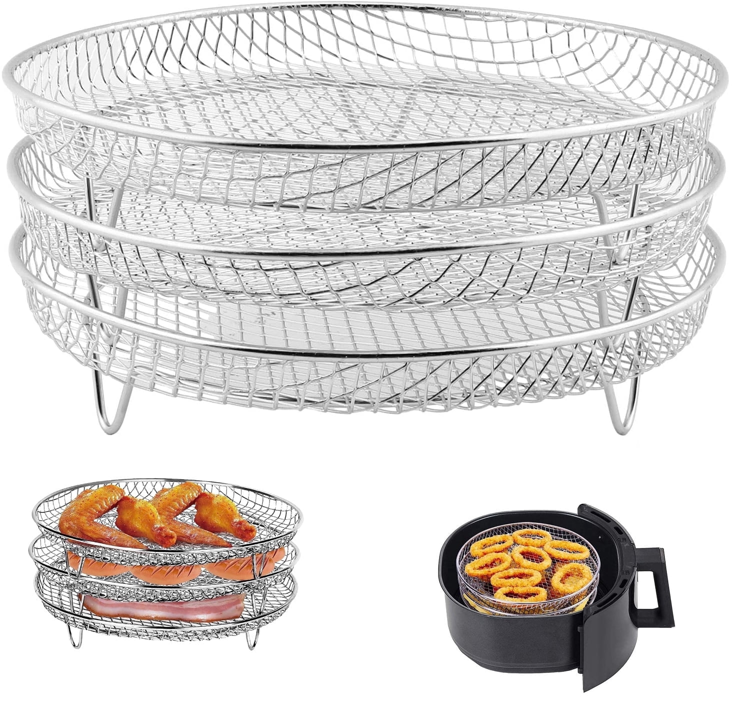 Air Fryer Accessories, Air Fryer Rack 3 Pcs, Stackable Round Stainless Steel 3 Layer Air Fryer Basket Compatible with All 4.2-6.8QT Air Fryer, Oven, Press Cooke