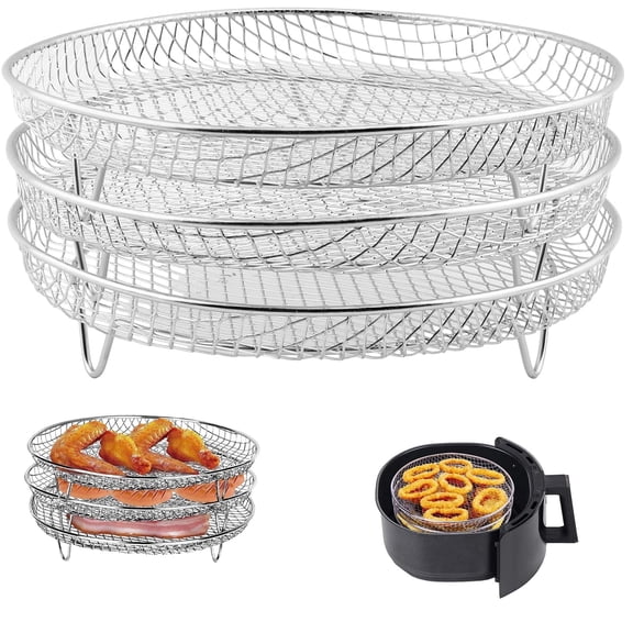 Air Fryer Accessories, Air Fryer Rack 3 Pcs, Stackable Round Stainless Steel 3 Layer Air Fryer Basket Compatible with All 4.2-6.8QT Air Fryer, Oven, Press Cooker