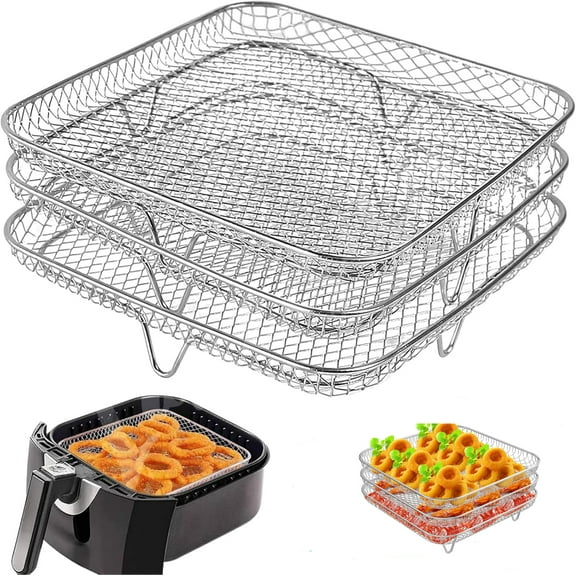 Air Fryer Accessories - Non-Stick Air Fryer Rack,8" Square 3 Stackable Dehydrator Racks, Multi-Layer 304 Stainless Steel Grill Rack Fits 5.8 QT Air Fryer, Oven (Silver)