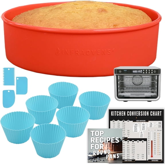 Air Fryer Baking Pan For Ninja Foodi XL Pro DT200, Double Oven with FlexDoor DCT400, Prestige Smart XL, Toaster Oven Bakeware Sets with Cupcake Liners & Conversion Chart, Nonstick Round Cake Molds