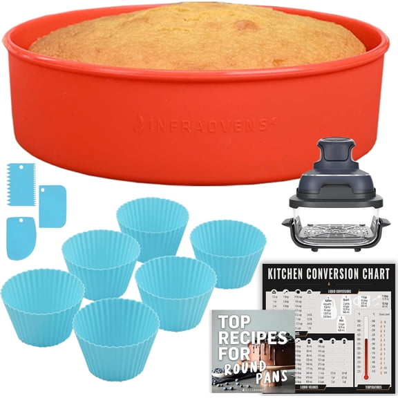 Air Fryer Baking Pan Set For Ninja Crispi and Ninja Crispi Pro 4qt & 6 Cup Glass, Freezer, Airfryer Bakeware Sets with Cupcake Liners & Kitchen Conversion Chart, Nonstick Round Cake Molds for Baking