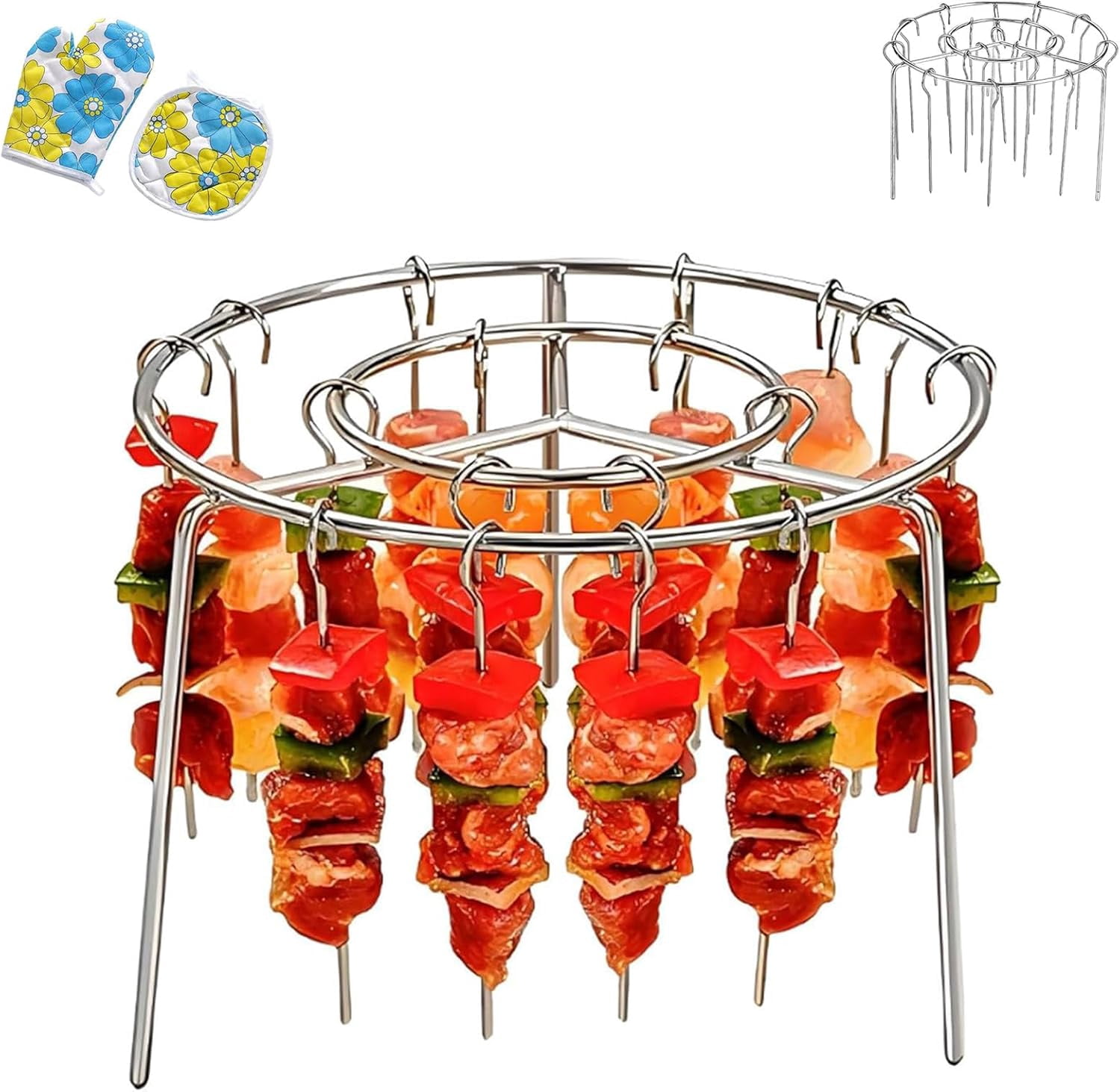 Air Fryer Barbecue Vertical: Soporte Redondo De 6 Pulgadas Para Brochetas, Acero Inoxidable 304. Incluye 12 Brochetas Y Guantes Anti-quemaduras