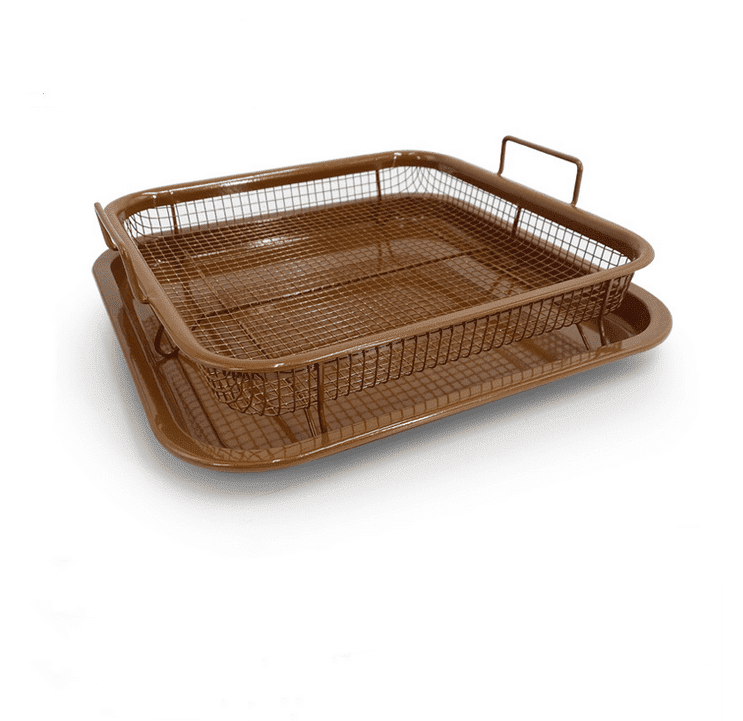 Air Fryer Basket, Air Fryer Tray for Oven, 11"x11" Copper Non-Stick Air Fryer Basket for Oven with Mesh Crisping Grill Basket Tray Bakeware Air Fryer Accessories (2pcs)
