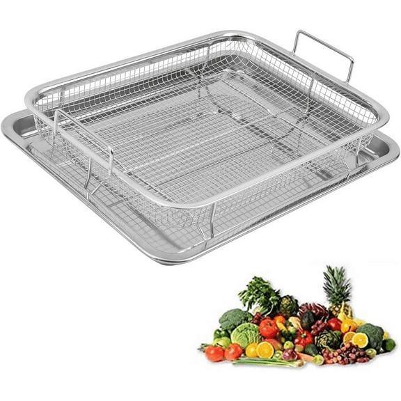 Air Fryer Basket for Oven 11"x11", Large Air Fryer Basket and Tray Stainless Steel Oven Air Fryer Pan Rack,Nonstick Crisper Air Fry Basket for Cooking Baking and Broiling(Square,Silver)