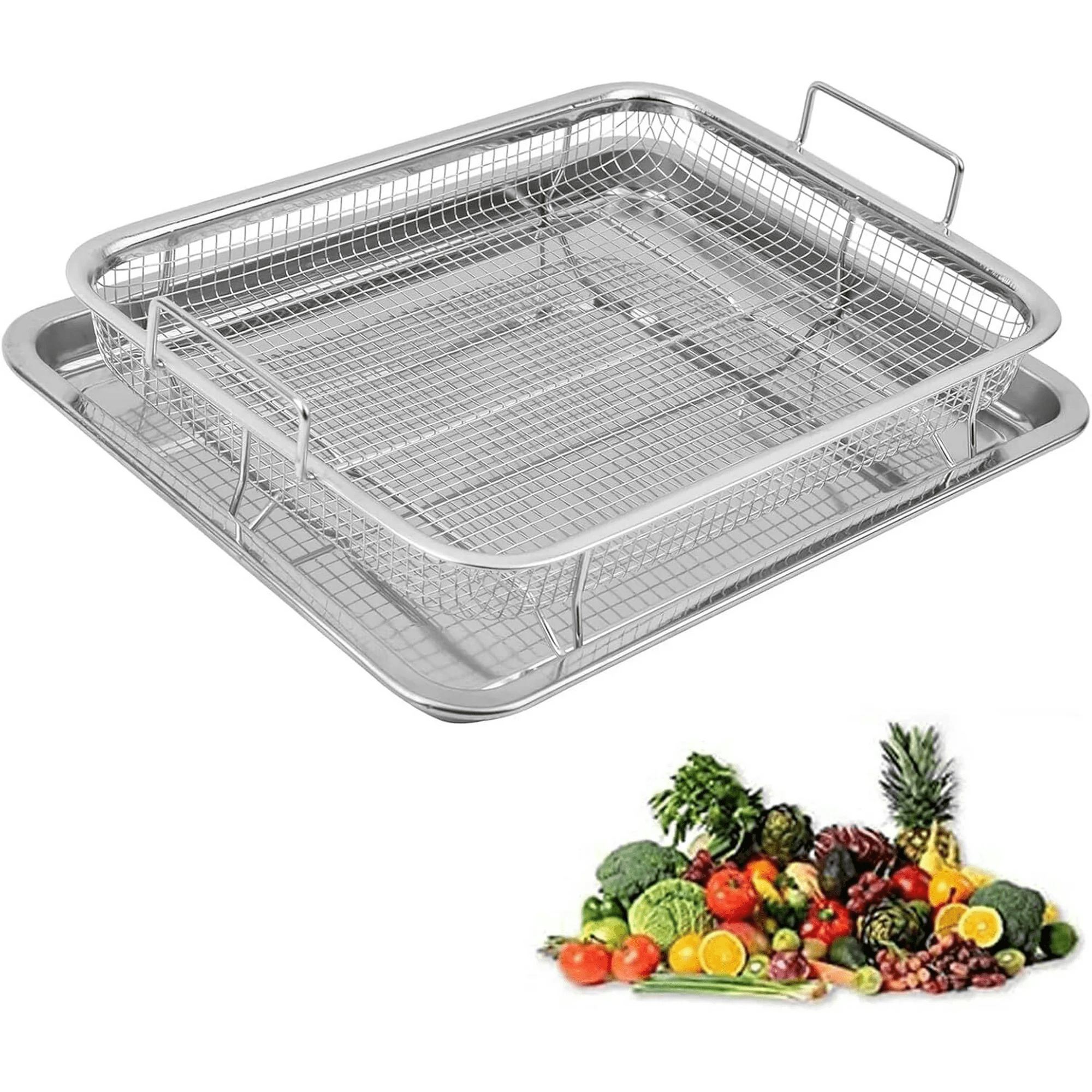 Cesta para freidora de aire para horno de 11"x11", cesta y bandeja grandes de acero inoxidable, rejilla para freidora de aire, cesta crujiente antiadherente para cocinar, hornear y asar (cuadrada, plateada)