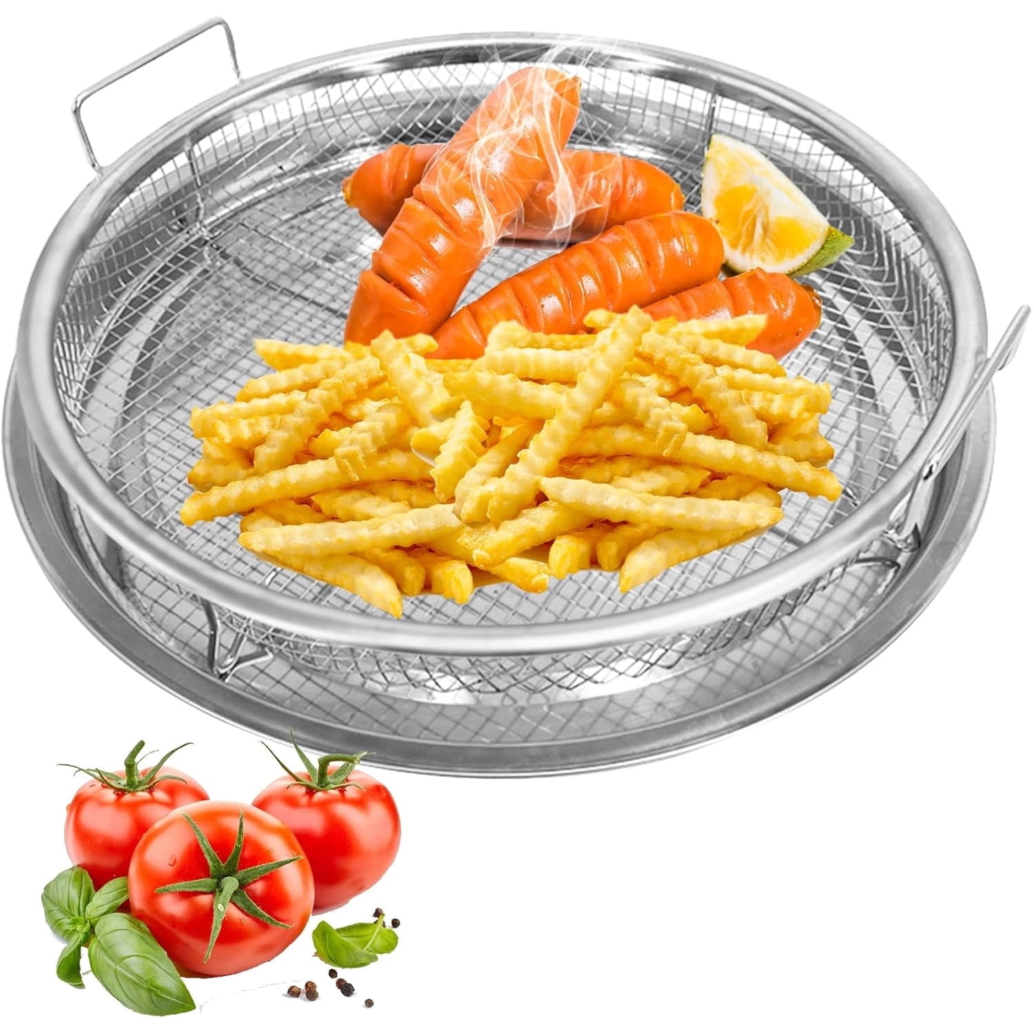 Air Fryer Basket for Oven, 2 Piece Round Silver 13" Non-stick Crisper Tray, Non-stick Stainless Steel Oven Air Fryer Basket and Tray for Baking & Crispy Foods, Dishwasher Safe