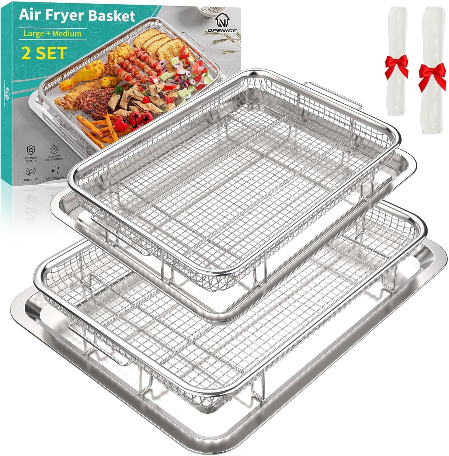 2-Piece Air Fryer Basket Set For Ovens - Non-Stick Steel Mesh Baking Trays 15.5\" X 11.6\"