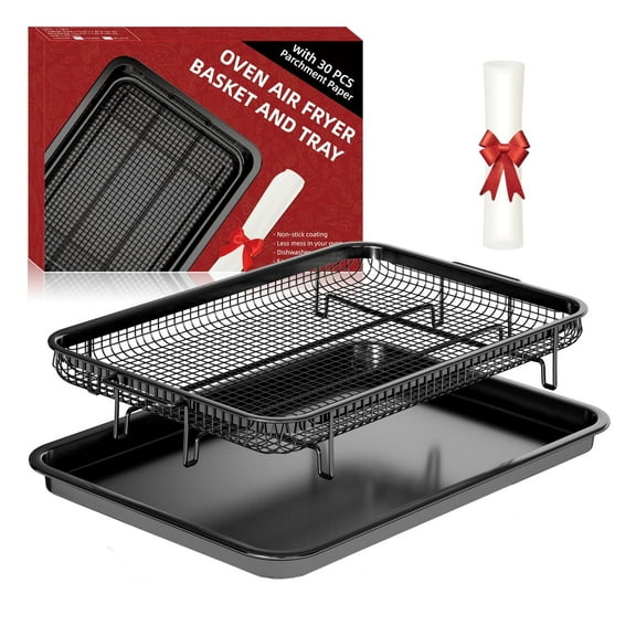 Air Fryer Basket for Oven,Oven Air Fryer Basket and Tray with 30 PCS Parchment Papers,2 Set Stainless Steel Air Fryer Pan and Crisper Tray for Baking Grilling (15.6 x 11.6 inch)