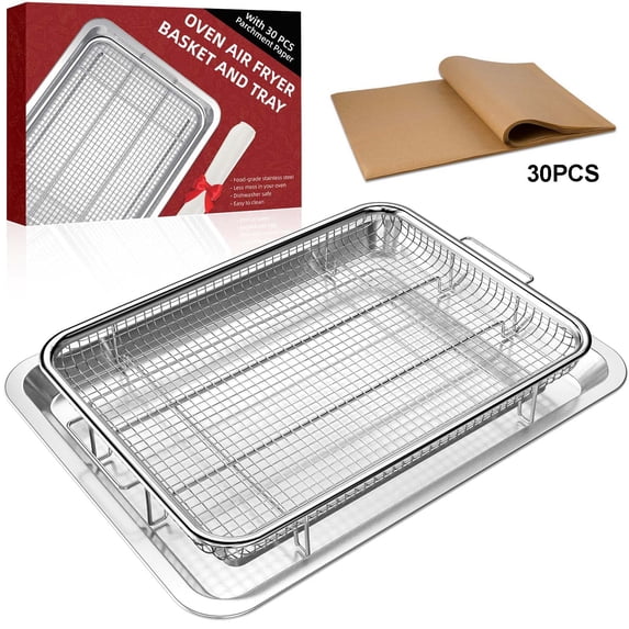 Air Fryer Basket for Oven,Oven Air Fryer Basket and Tray with 30 PCS Parchment Papers,2 Set Stainless Steel Air Fryer Pan and Crisper Tray for Baking Grilling Silver(15.43 x 11.54 inch)