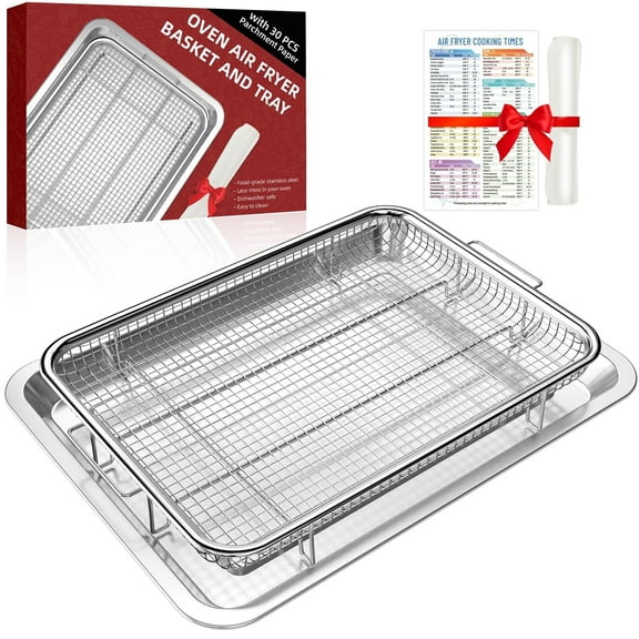 Air Fryer Basket for Oven,Oven Air Fryer Basket and Tray with 30 PCS Parchment Papers,2 Set Stainless Steel Air Fryer Pan and Crisper Tray for Baking Grilling Silver(15.6 x 11.6 inch)