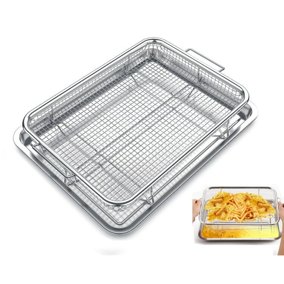 Air Fryer Basket for Oven, PandaTop 12.8" x 9.6" Air Fryer Basket and Pan, Dishwasher Safe,Stainless Steel Oven Air Fryer Basket and Tray for Baking Grilling(Small,Silver）