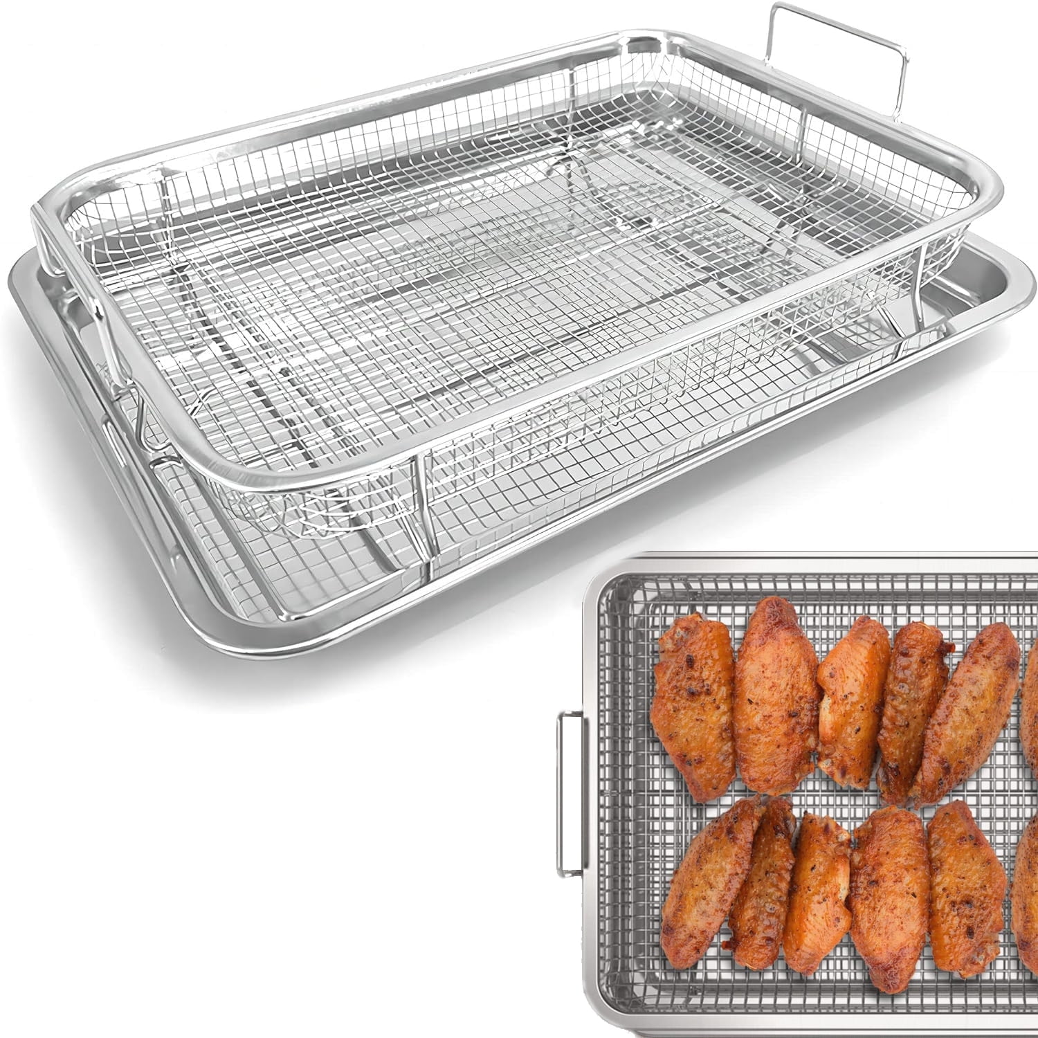 GoXteam Air Fryer Basket for Oven - Stainless Steel Baking Sheet with Wire Rack, Nonstick Crisper Tray Air Fry Crispy Grill Pan Set for Fries/Bacon/Chicken Cooking Baking Cooling (12.8 x 9.6 Inch)