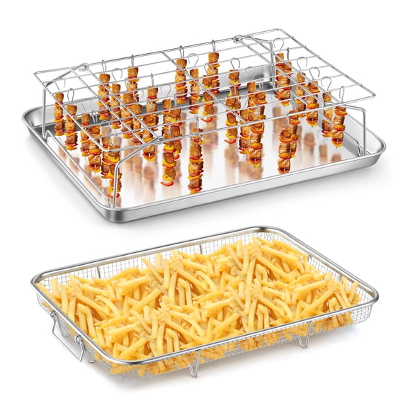 Air Fryer Basket for Oven, Walchoice Baking Tray Pan &Air Fryer Basket with Folding Air Fryer Rack & Barbecue Skewers, 16” x 12” Non-stick Stainless Steel Crisper Tray for Frying Baking Grilling
