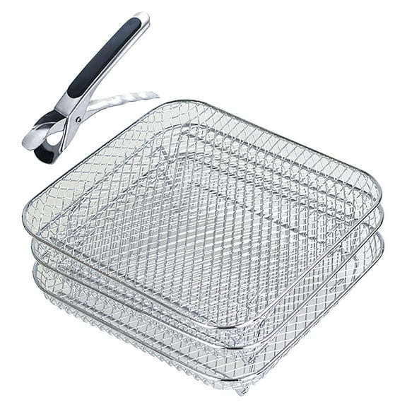 Air Fryer Basket Set, 3-Piece Stainless Steel Mesh Racks With Clip, Non-Stick, Dishwasher Safe For Toaster Oven, Baking, Roasting, Frying, Stackable Design