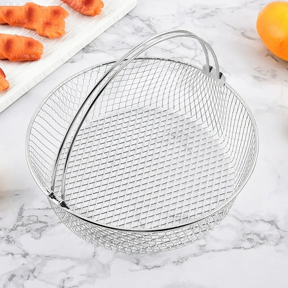 Air Fryer Basket Stainless Steel Mesh Rack, Round Cooking Basket with Handle for Air Fryer Steamer Grill Dehydrator, Multi Purpose Food Basket Kitchen Cooking Accessory