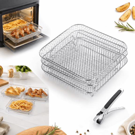 3-Pack Stackable Air Fryer Rack Set, 7.87 Inch Square 304 Stainless Steel Mesh Baskets with Clip, Dishwasher Safe for Toaster & Convection Ovens