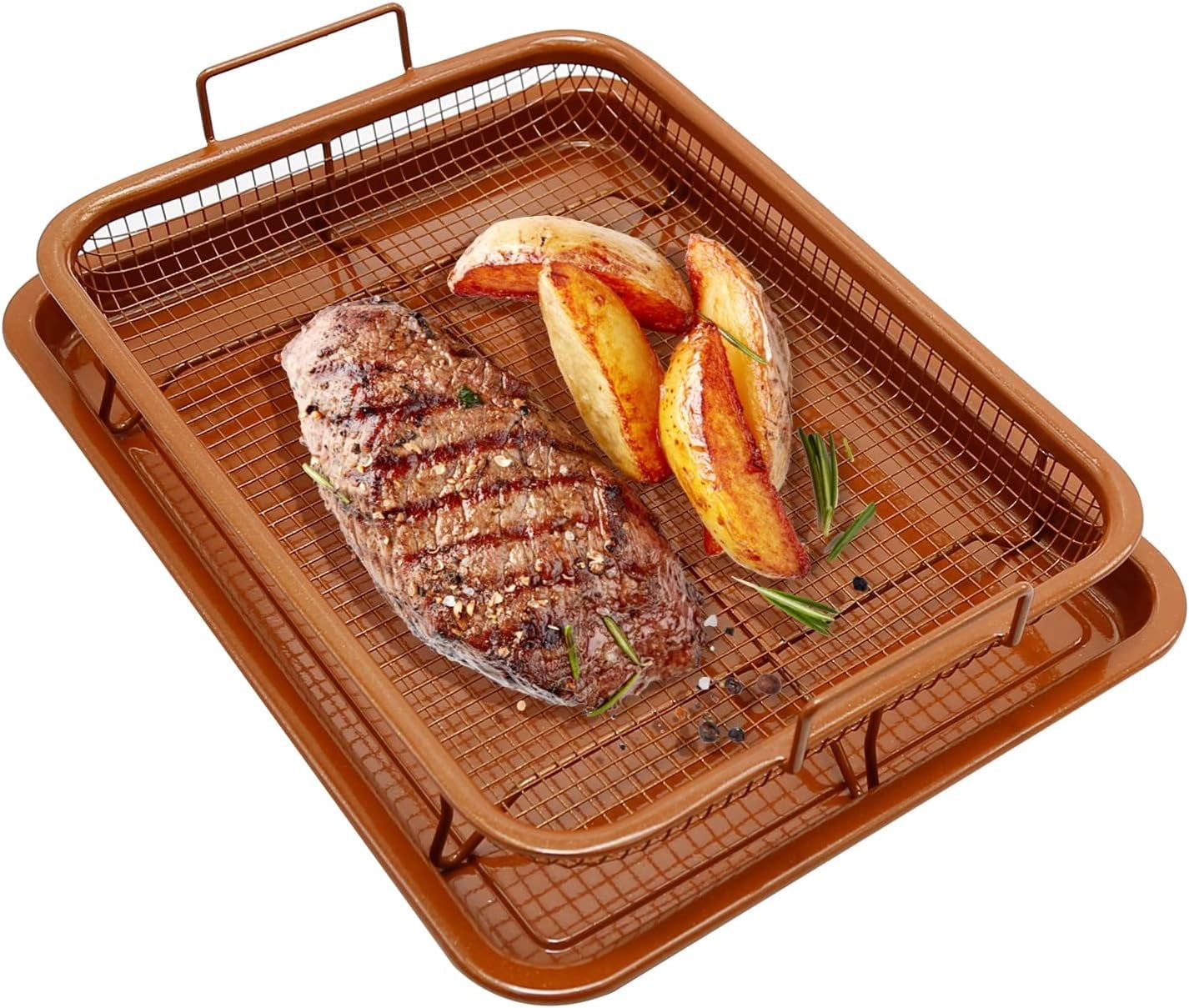 Air Fryer Basket for Oven,12.8" x 9.6" Oven Air Fryer Basket and Tray Set,Dishwasher Safe,Small Air Fryer Tray and Pans for Oven,Brown