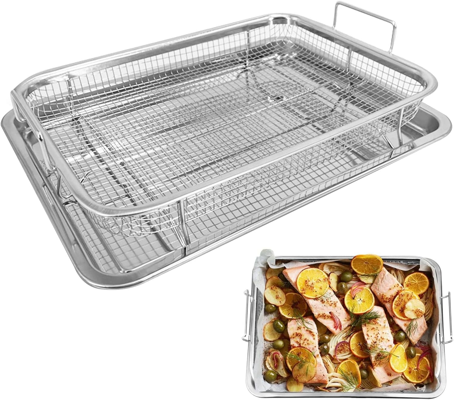 Air Fryer Basket for Oven, 2 in 1 Nonstick Air Fry Basket with Mesh Great for Oven, Dishwasher Safe – - (15.43" x 11.53", Silver)