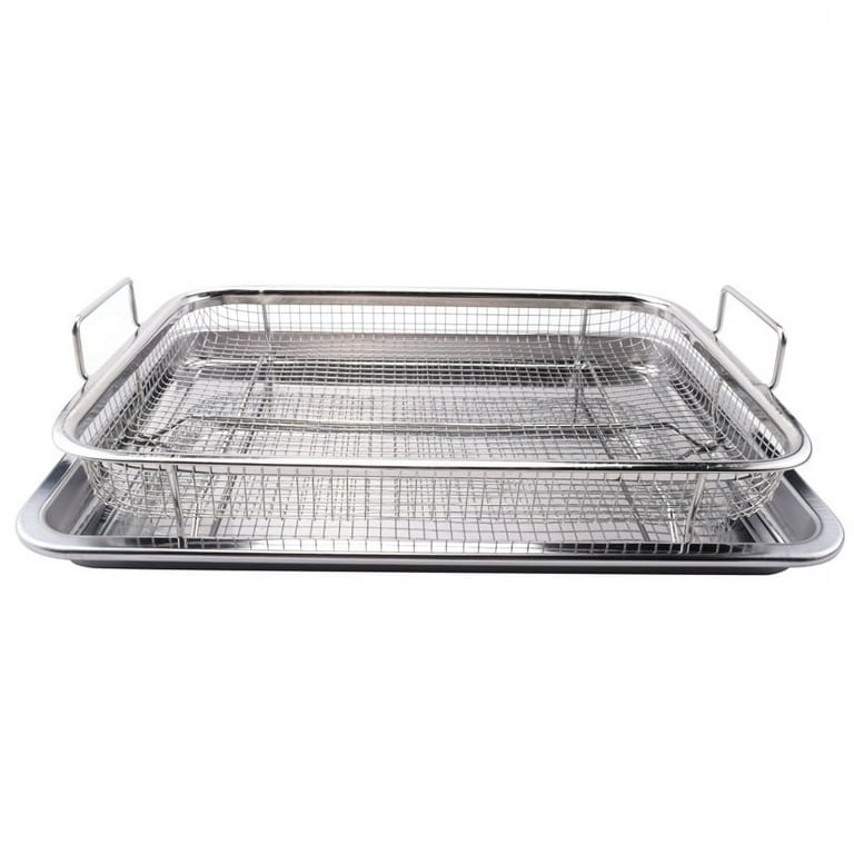  Air Fryer Basket for Oven, 12.8“ x 9.6“ Stainless Steel Crisper  Tray and Pan with 30 PCS Parchment Paper, Deluxe Air Fry in Your Oven,  2-Piece Set, Baking Pan Perfect for
