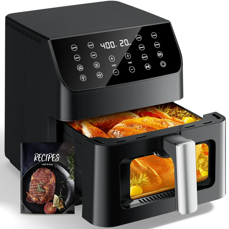 Aeitto 5.8qt Large Air Fryer 12 in 1 Digital Airfryer with Clear Window 40 Recipes Flavor Lock Tech Shake Reminder Compact Quiet Dishwasher