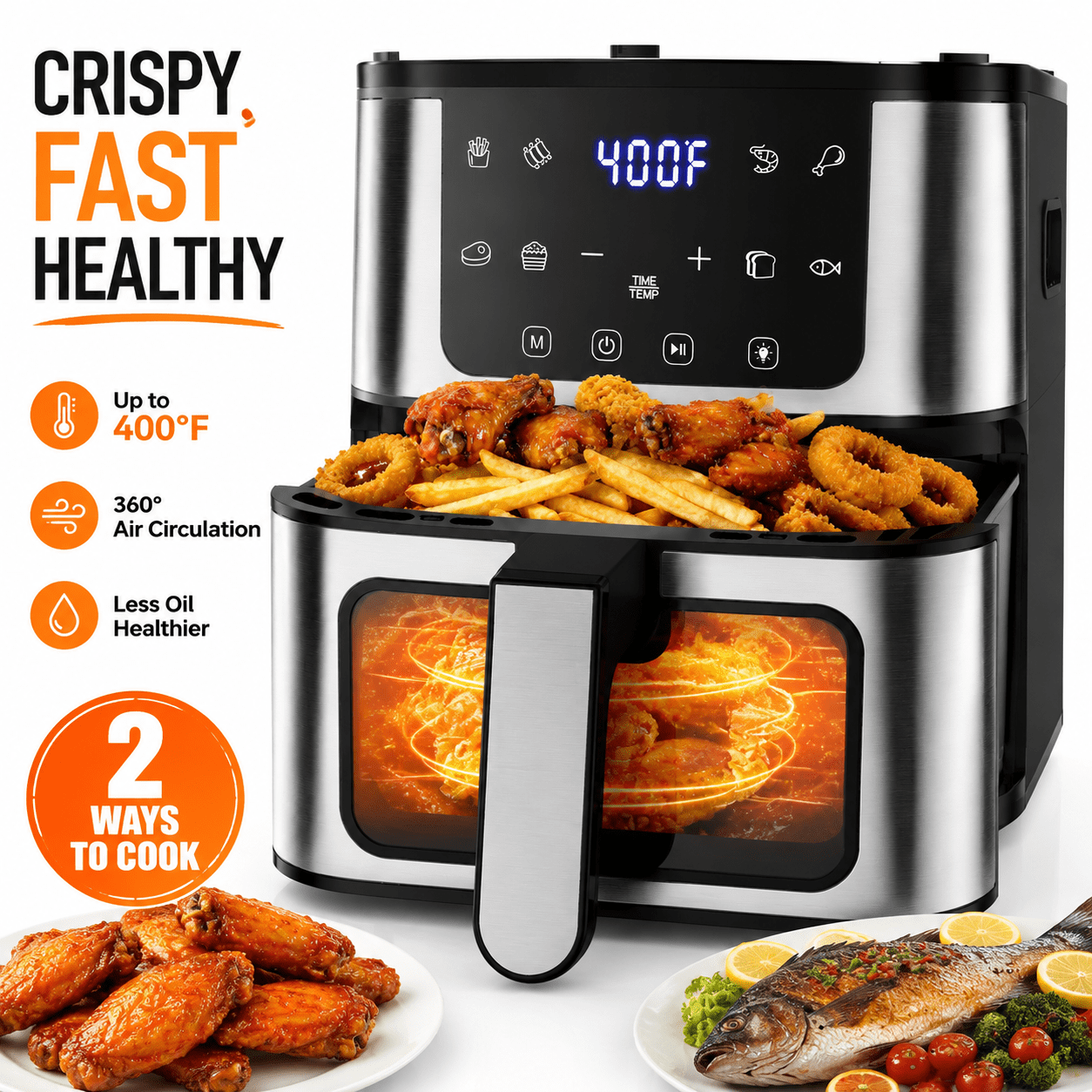 Air Fryer Cook 2 Foods 2 Ways, 7.5QT Large Capacity, LCD Display Panel, 8 One-Touch Presets for Wings, Chicken, Pizza & More, Perfect Air Fryer for Family Meals of 27 People, Black