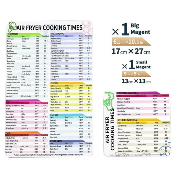 Air Fryer Cooking Time Chart Magnetic Sticker Set Kitchen Recipe Guide for Healthy Quick Meals Fridge Decal for Home Cooking 2PC