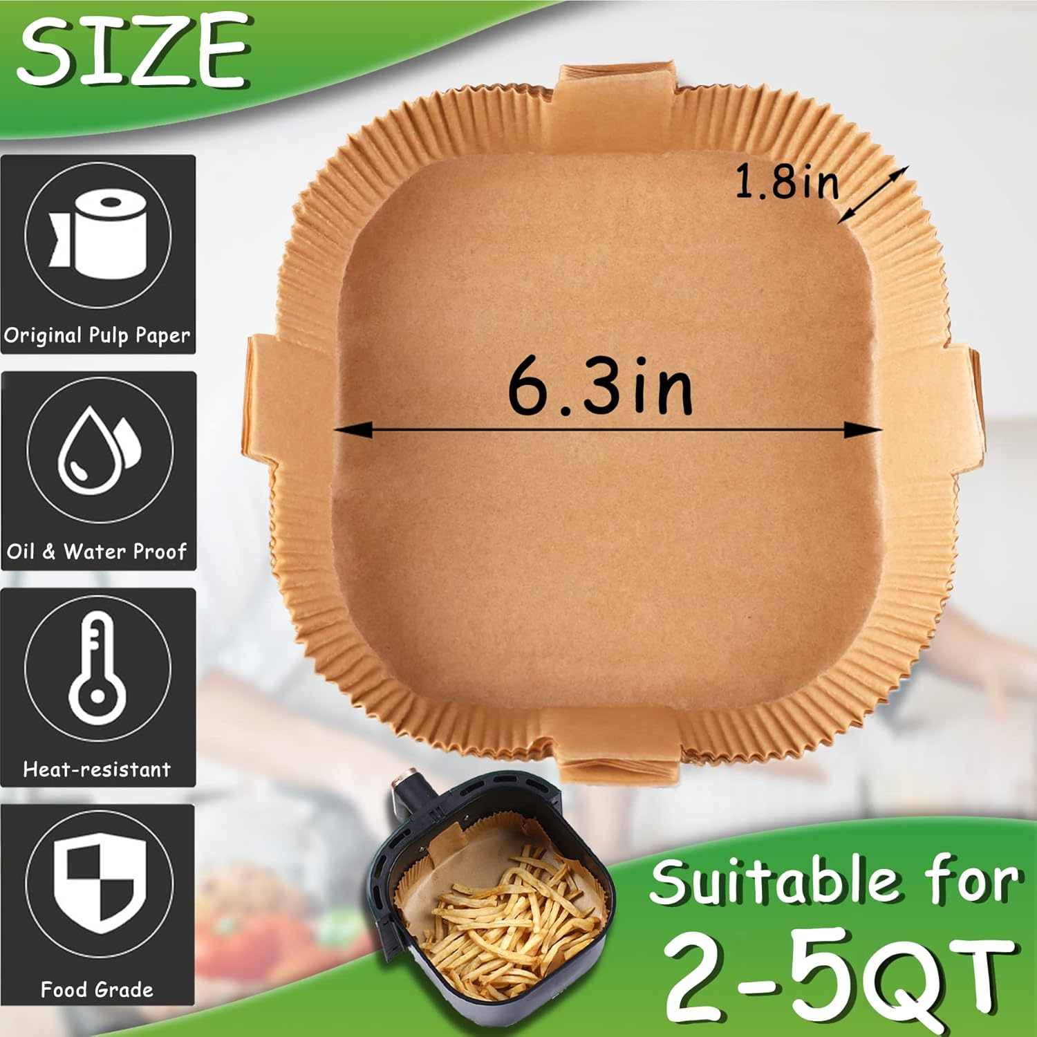 Air Fryer Disposable Paper Liner - 6.3Inch Square Non-Stick Parchment Paper, Oil-proof, Water-proof Cooking Baking Roasting Filter Paper for Air Fryers Basket, Microwave Oven, Frying Pan