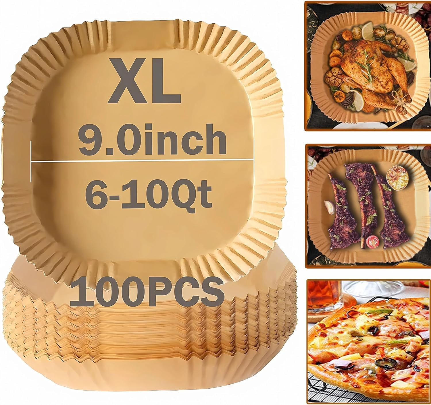 Air Fryer Disposable Paper Liner, Natural Baking Parchment Paper Air fryer liners,Thickened Oil-Proof High Temperature,for Air Fryers,Ovens,Pan and Microwaves (9inch-XL-Thick, square-Brown)