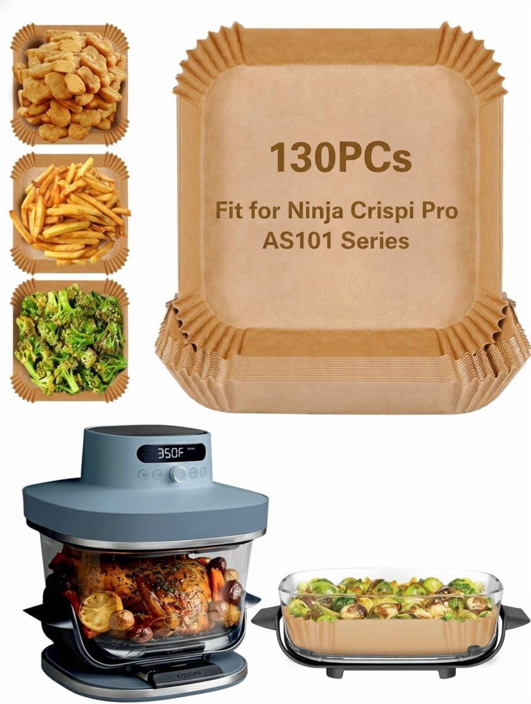 Air Fryer Disposable Paper Liner for Ninja Crispi Pro AS101CY AS101LG AS101DG 6qt & 2.5qt Glass Containers Accessories, 130PCs Square Food Grade Parchment Paper Non-Stick Oil Proof Bleach-Free