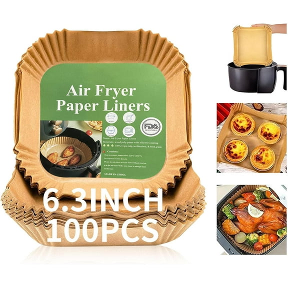 Air Fryer Disposable Paper Liner Square,6.3 Inch Paper Liners for 2 to 4.9Qt Air fryer,Non-stick Parchment Paper for Frying,Baking,Cooking,Roasting and Microwave - Unbleached(100PCS)