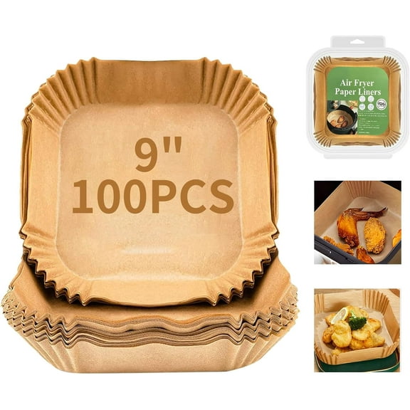 Air Fryer Disposable Paper Liner Square 9 Inch, 100PCS Large Paper Liners for 6-10QT Air fryer, Non-stick Parchment Paper for Frying, Steamer, Baking, Microwave Etc