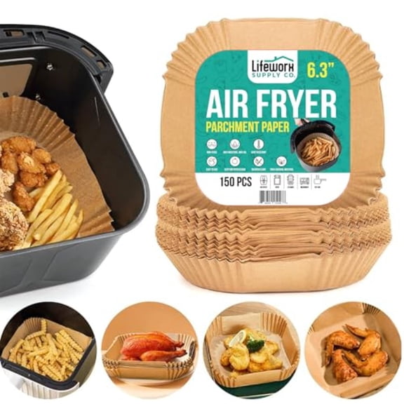 Air Fryer Disposable Paper Liners 100pcs All-Natural Non-Stick Oilproof Waterproof Parchment Paper for 3-5 Qt Air Fryer Easy Use and Cleanup for Baking Roasting Microwave Steamer 6. 3" Square