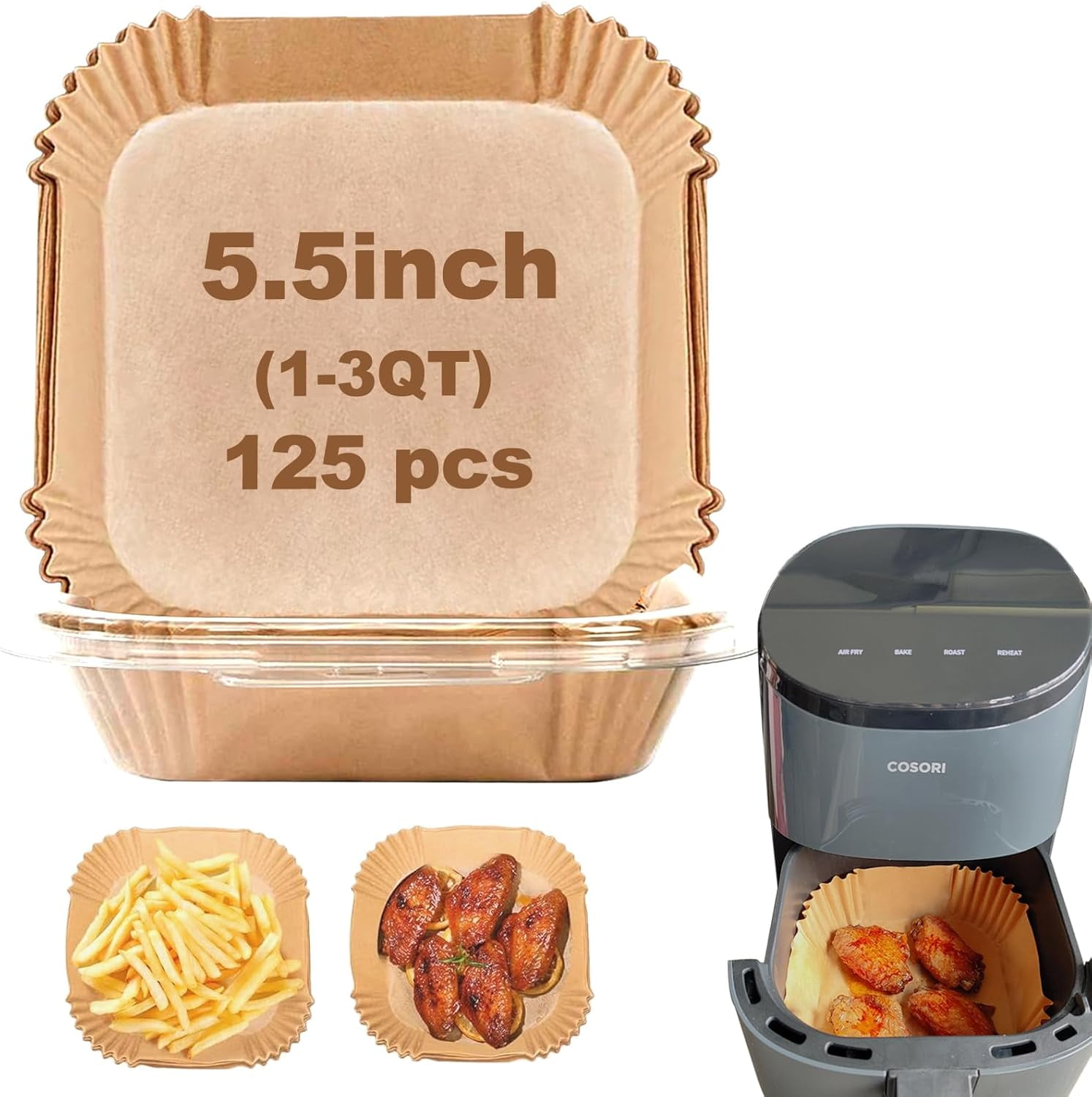 Air Fryer Disposable Paper Liners, 125 Pack Square 9 Inch Parchment Liners for 5-8 Quart Air Fryers, Non-Stick, Oil-Proof, Easy Cleanup, Oven & Microwave Safe
