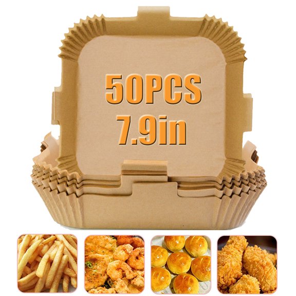 Air Fryer Disposable Parchment Liner -50PCS Square Non-Stick Parchment Paper, Oil-proof Cooking Baking Paper for Air Fryers Basket, Microwave Oven, Frying Pan, 7.9Inch