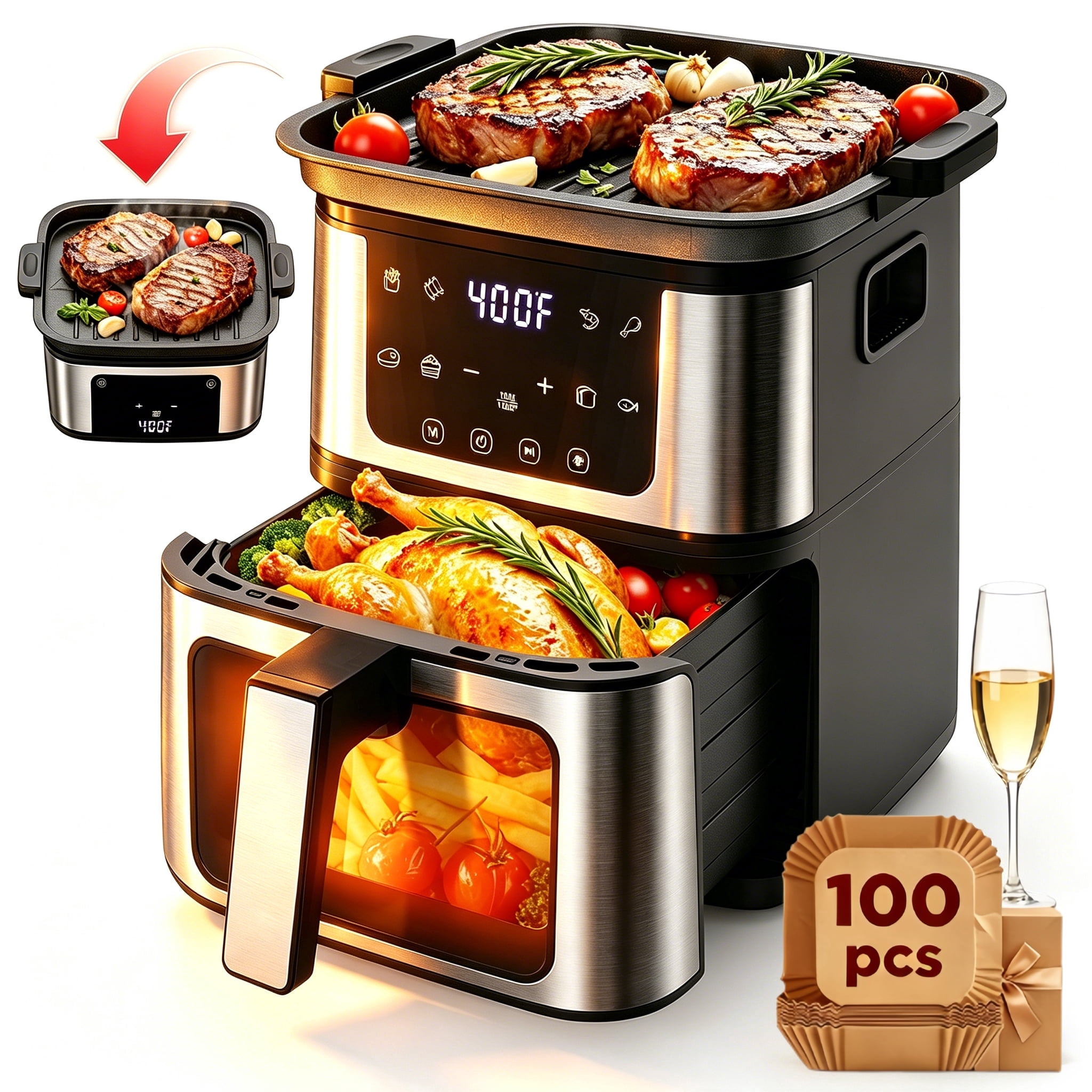 Air Fryer+Grill Plate, 7.5 Quart 8-in-1 Dual Mode Air Fryer with Window, 120-Min Timer, Max 400°F, Auto Shut Off & Nonstick Dishwasher Safe Basket, Touchscreen Controls, Easy Meals, Black